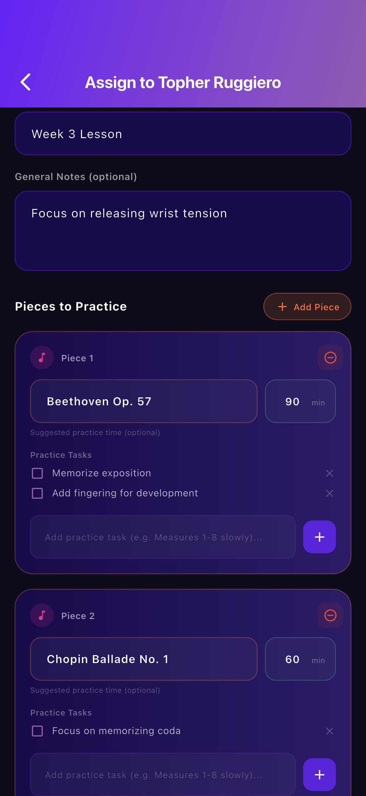 Zyntune assignment creation screen